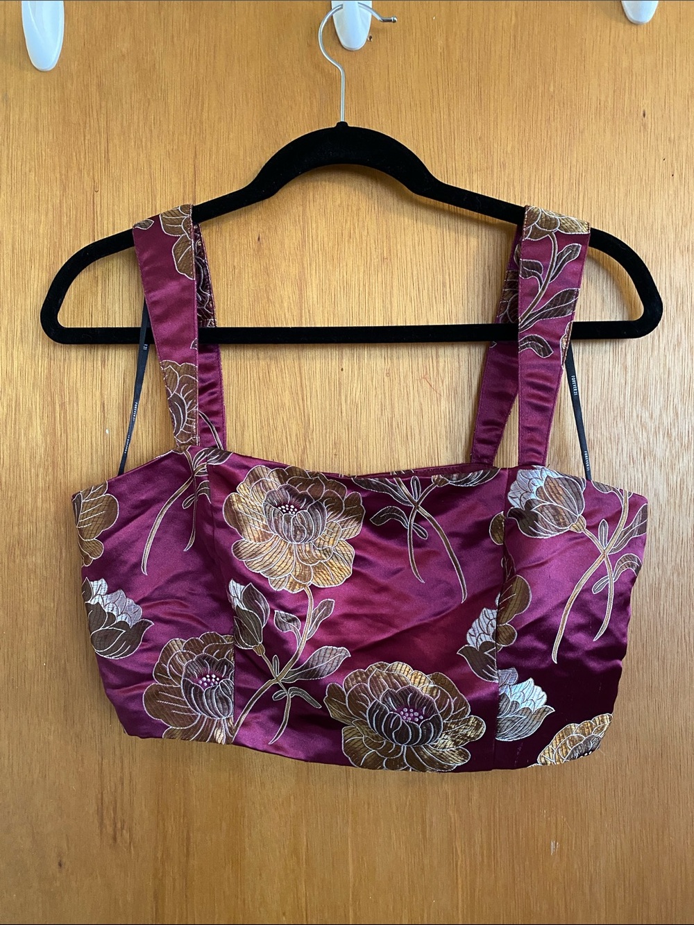 Forever 21 Burgundy Floral Satin Crop Top